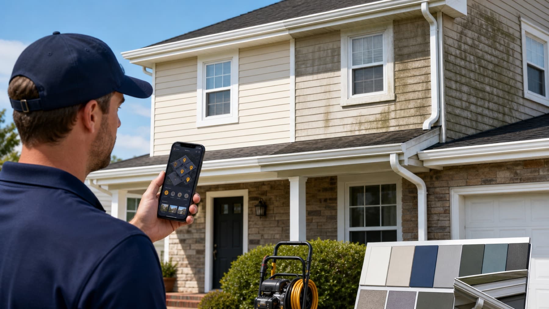 Exterior-services canvasser using Field OS beside painting, gutter, and pressure-washing work