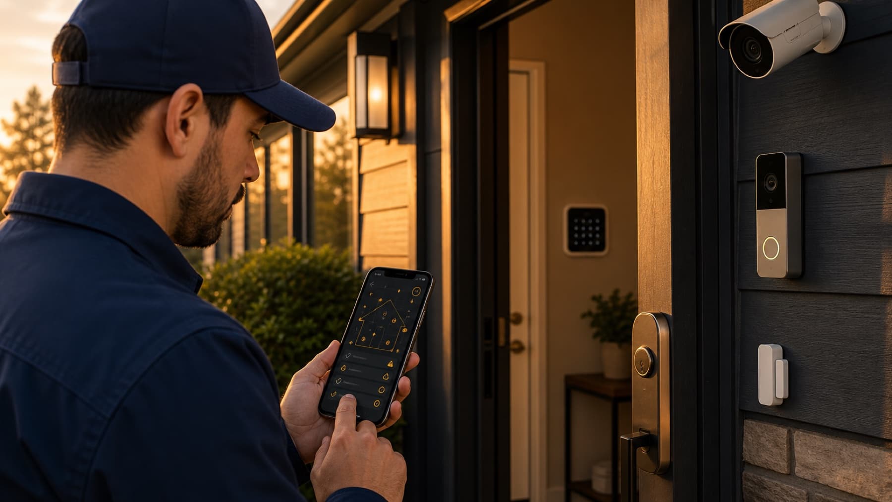 Home-security canvasser using Field OS beside cameras, sensors, a smart lock, and a video doorbell