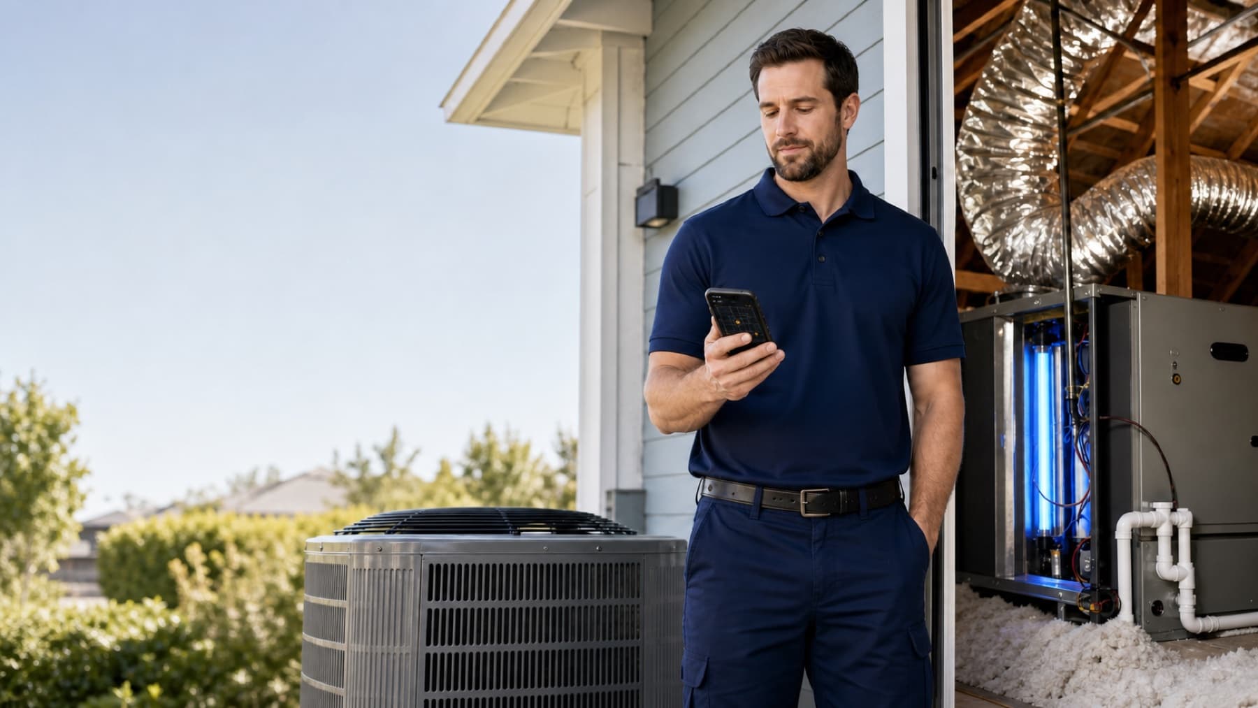 HVAC canvasser using Field OS near a condenser, ductwork, insulation, and UV air treatment equipment