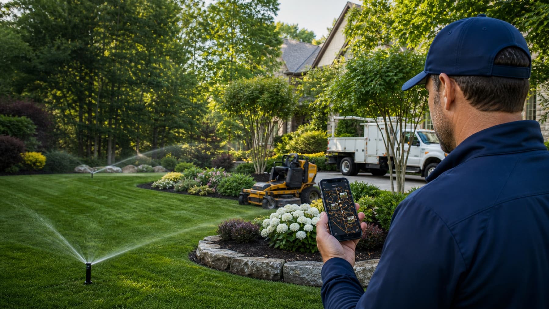 Landscaping canvasser using Field OS beside lawn, irrigation, planting, and tree-service work
