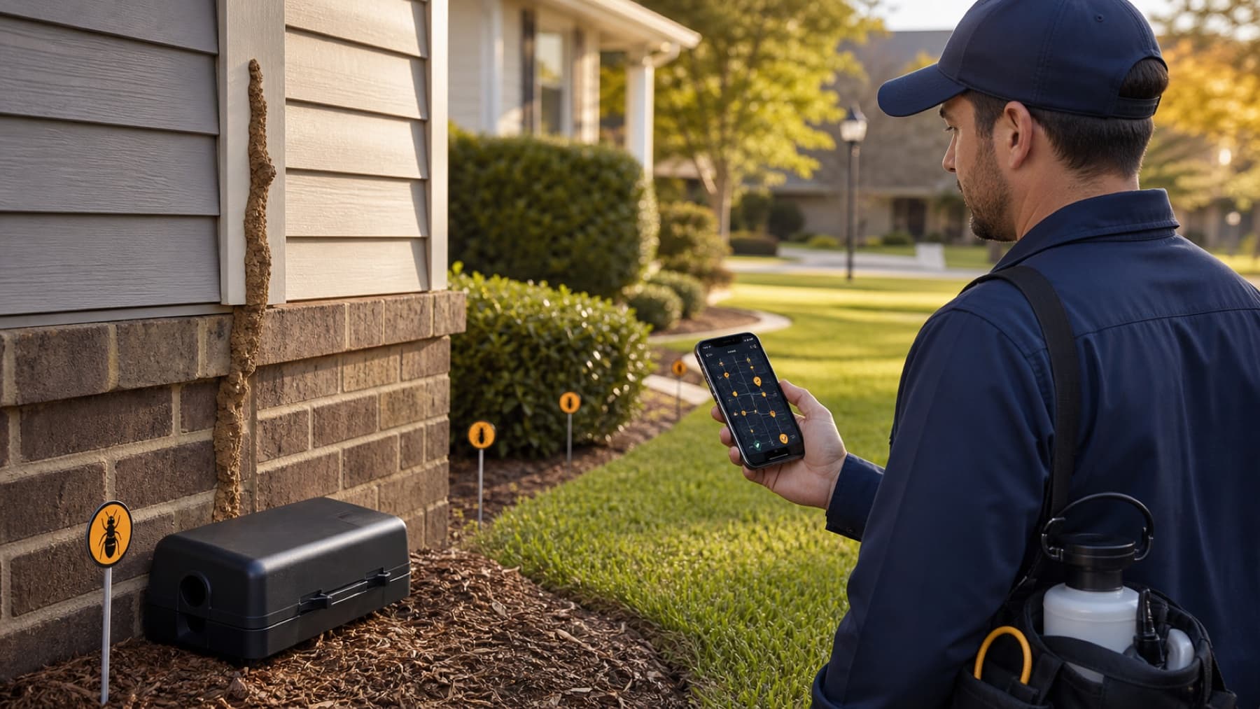 Pest-control canvasser using Field OS near inspection markers, a bait station, and termite evidence