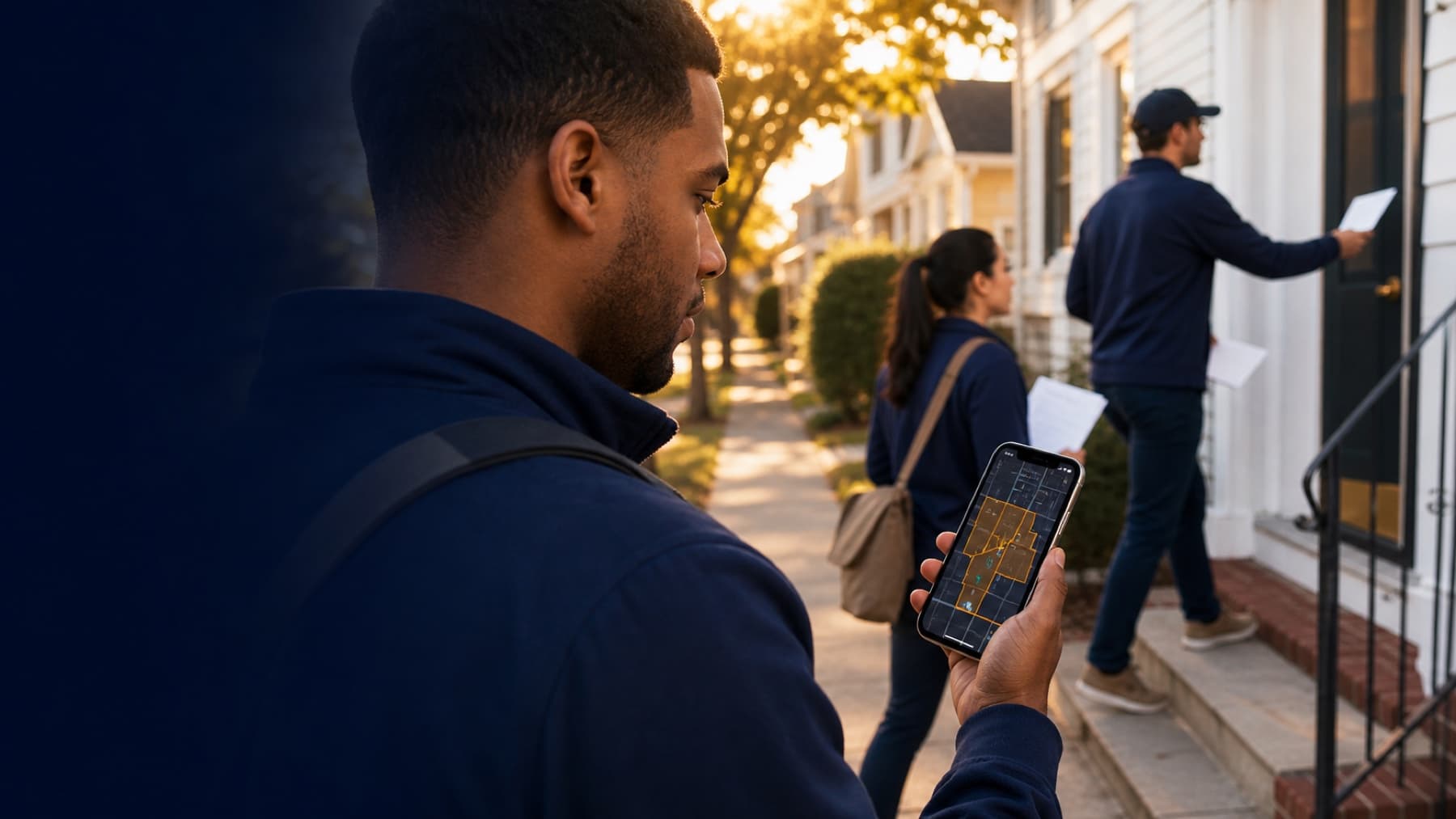 Nonpartisan campaign canvasser using Field OS while a field team works assigned turf