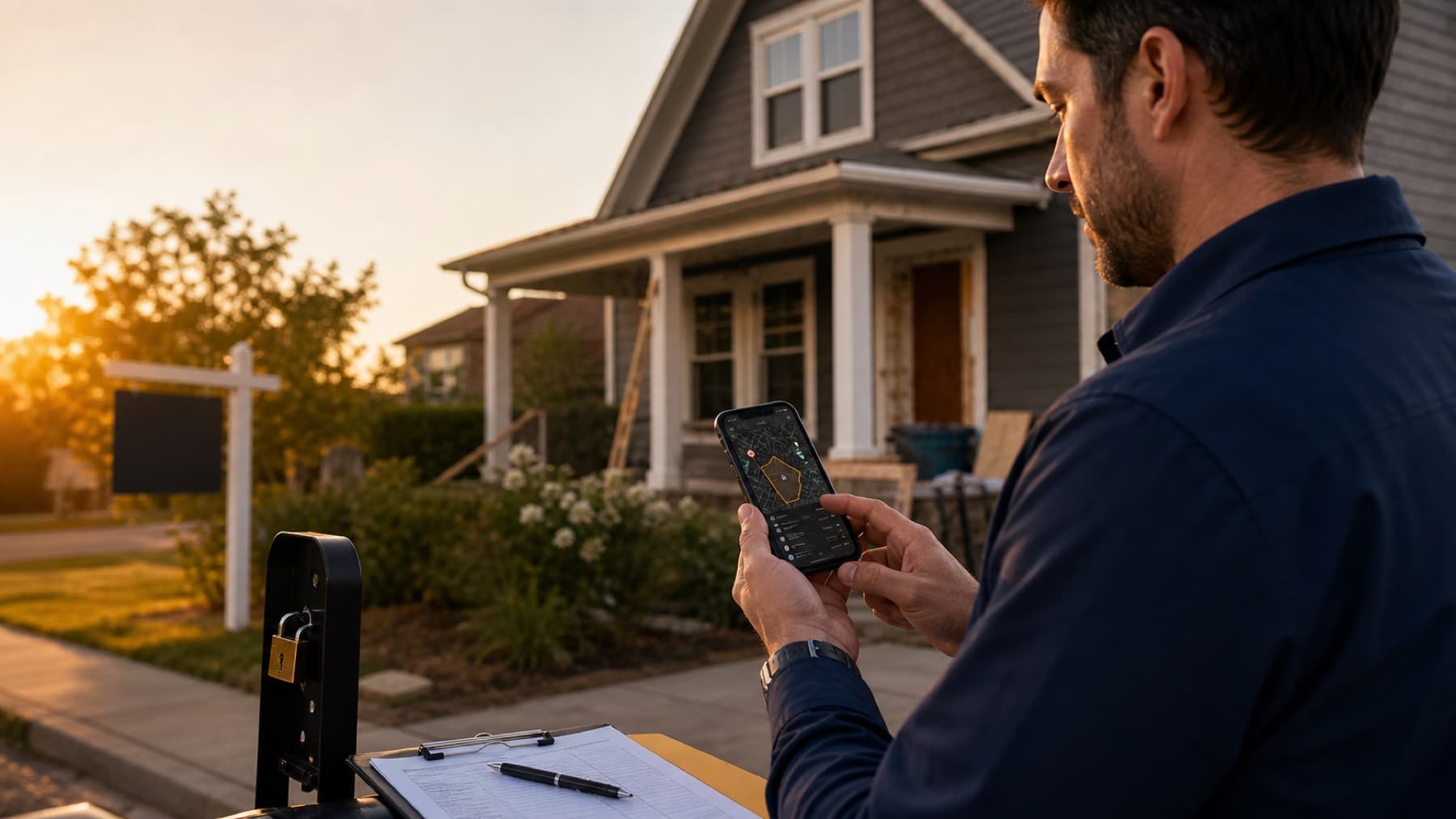 Real-estate canvasser using Field OS outside a residential property with a lockbox