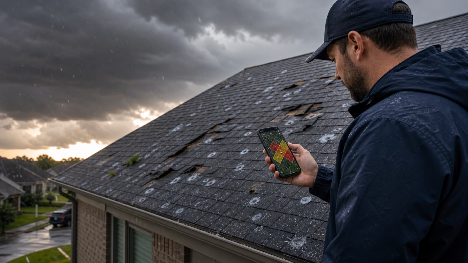 Roofing canvasser using Field OS beside a roof with visible hail and wind damage