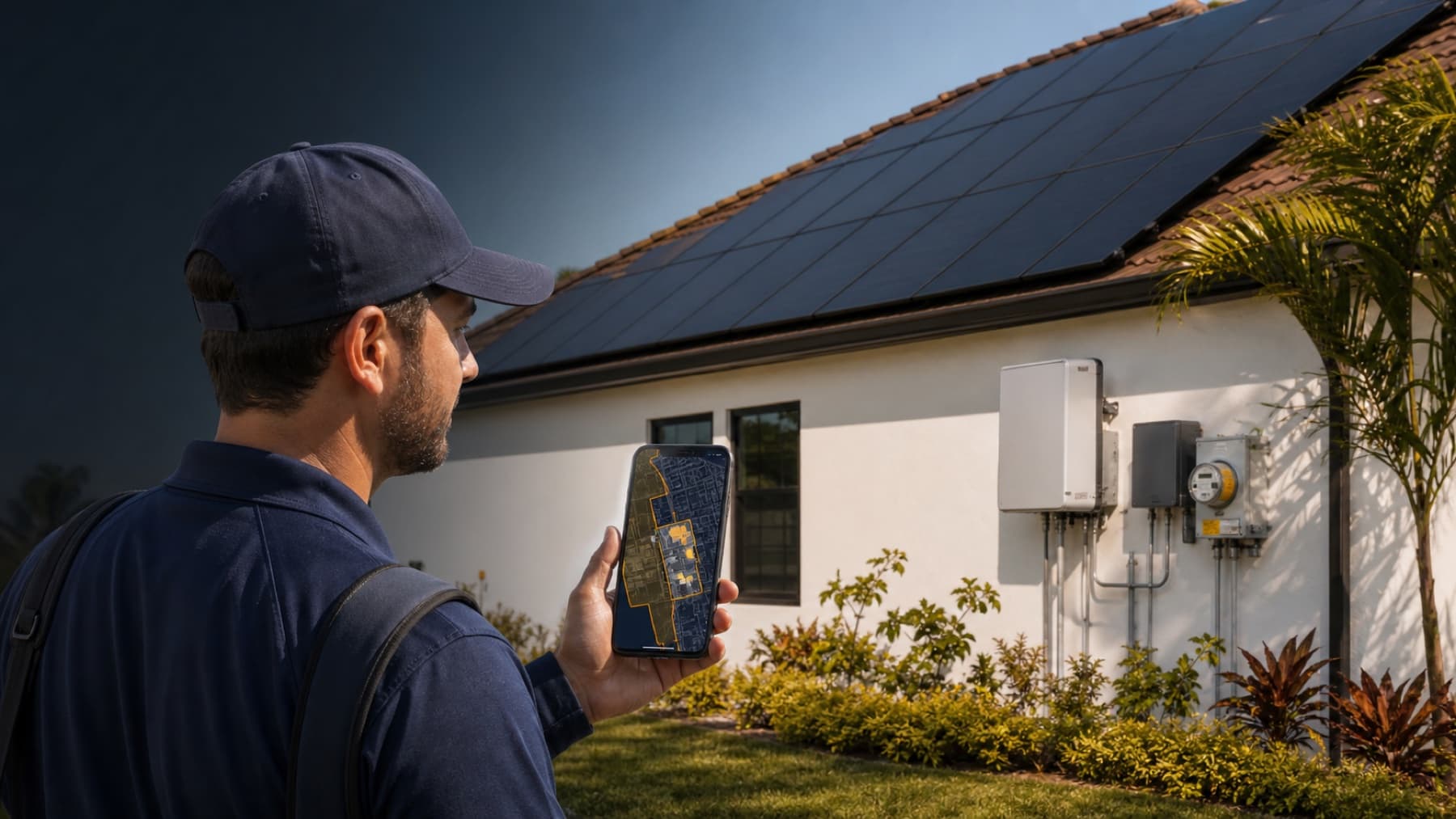 Solar canvasser using Field OS beside rooftop panels, an inverter, and a utility meter