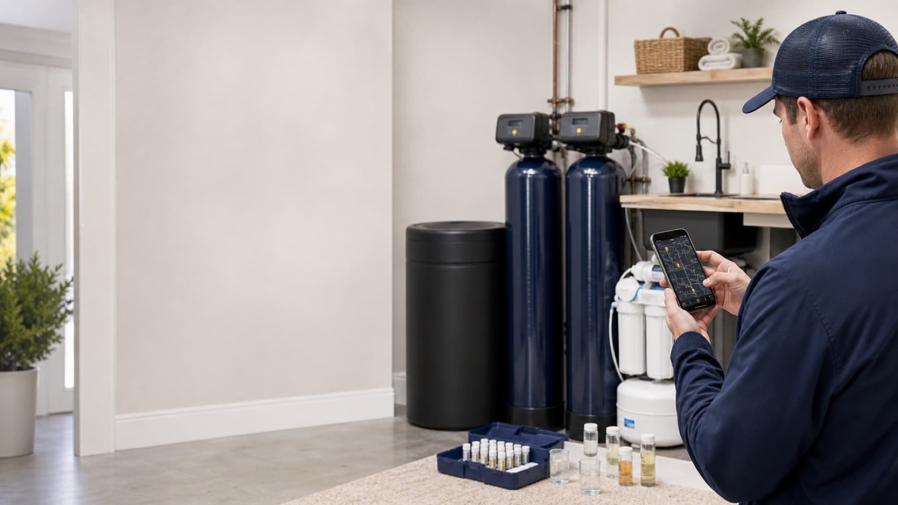 Water-treatment canvasser using Field OS beside filtration, softening, and water-testing equipment