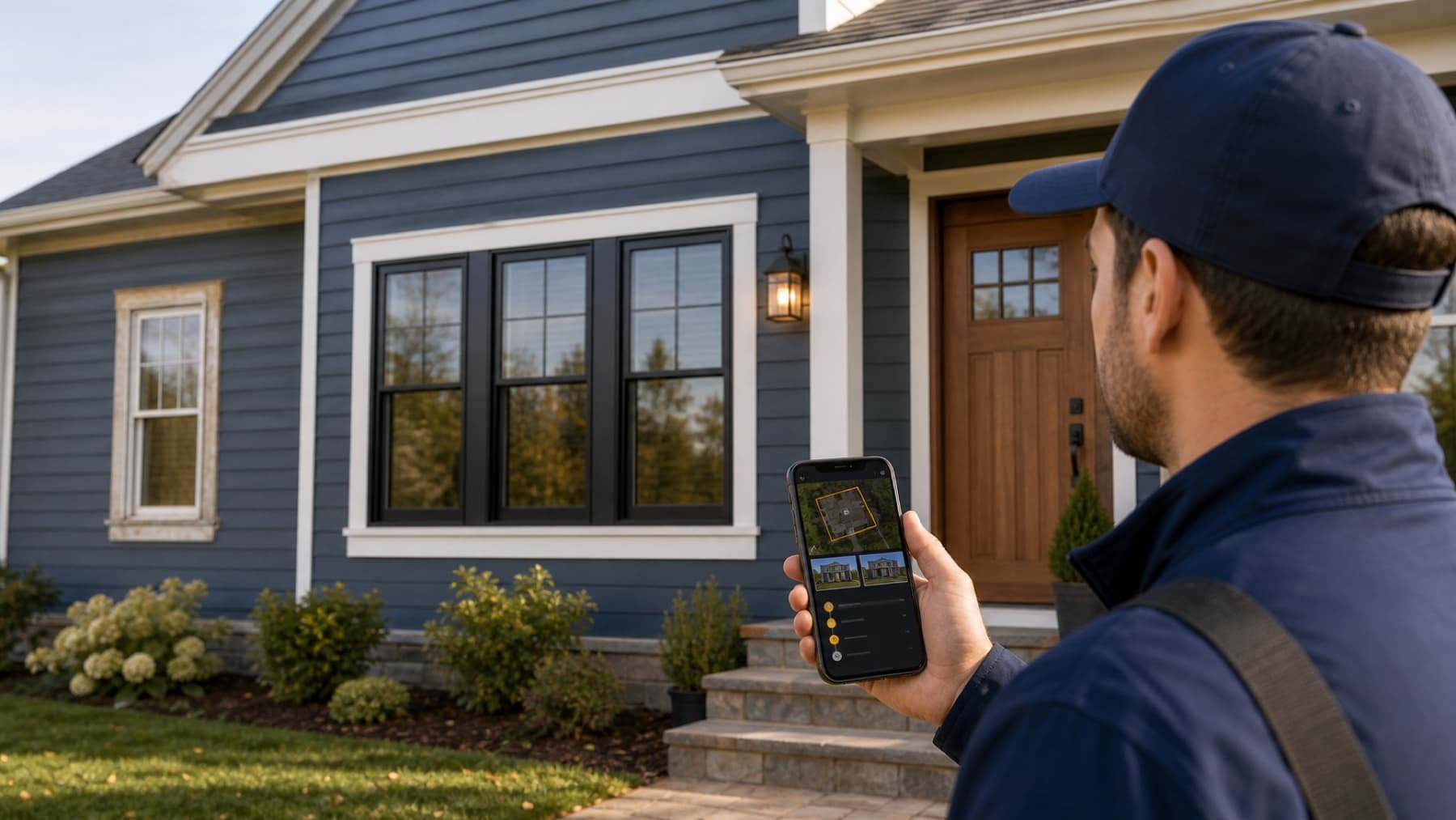 Exterior remodeling canvasser using Field OS beside replacement windows, doors, and siding