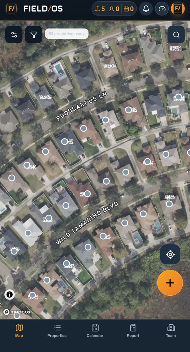 Field OS satellite neighborhood map with property pins and live field controls