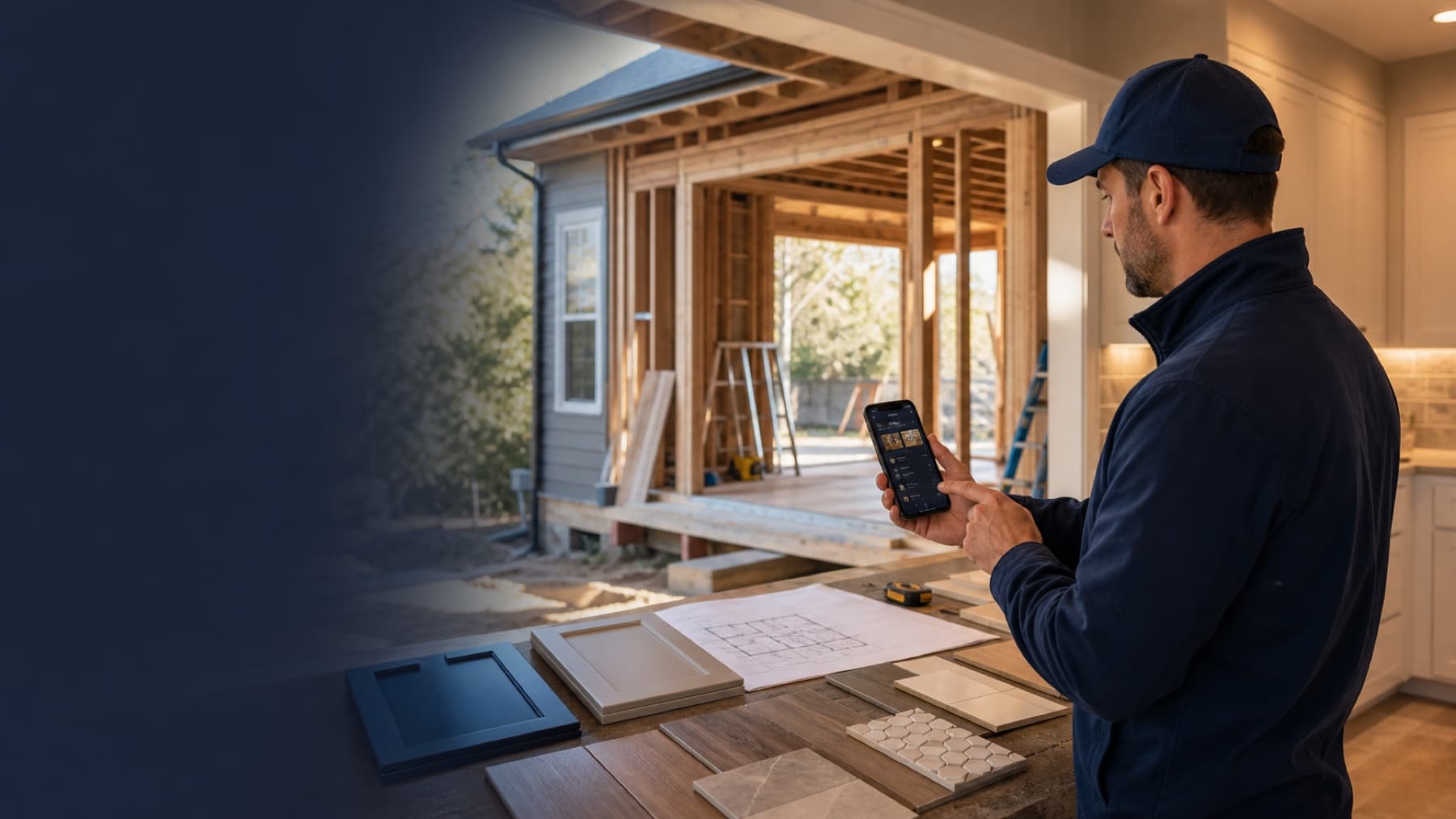 General-contracting canvasser using Field OS beside active renovation materials and project plans