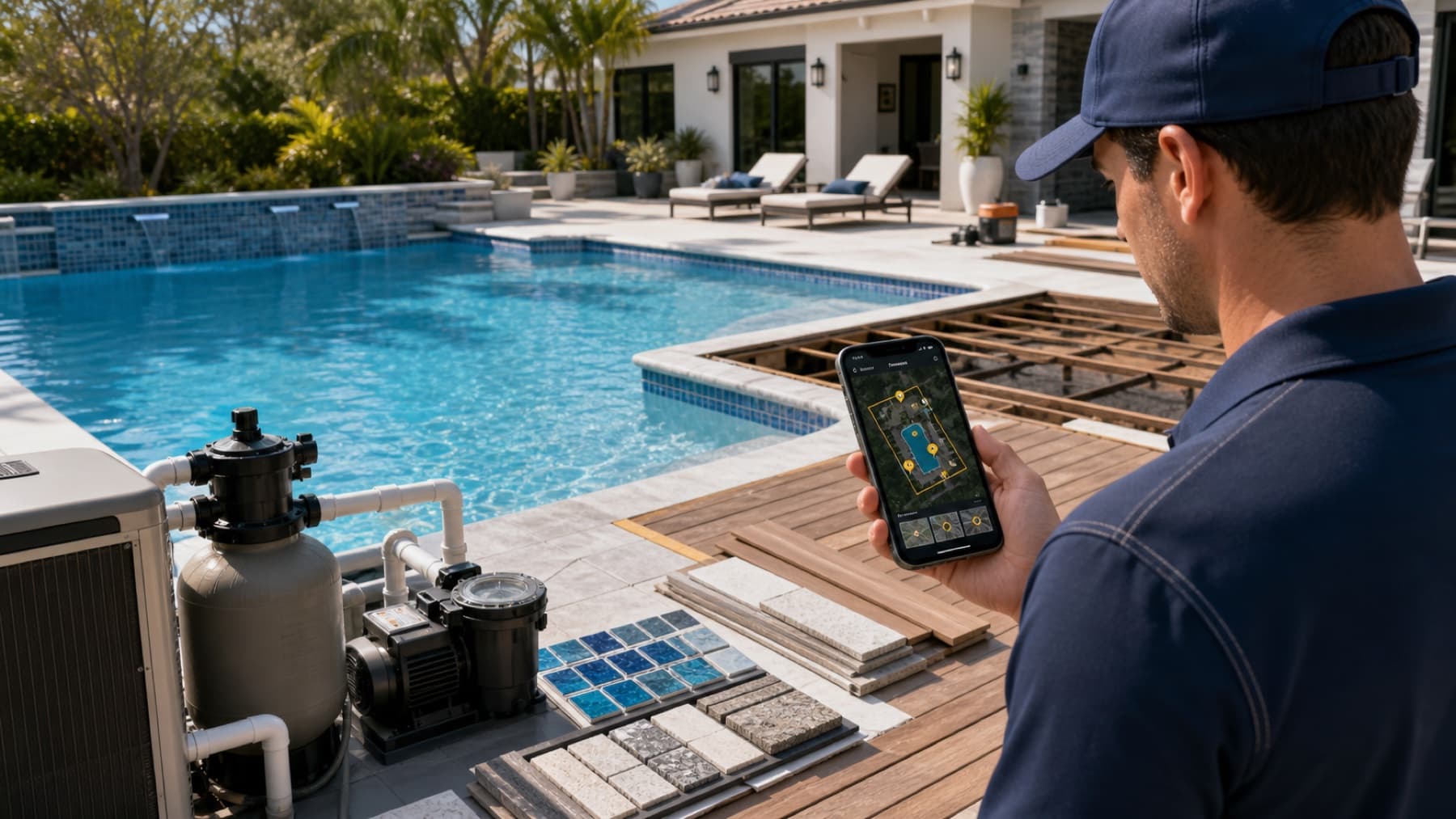 Pool-services canvasser using Field OS beside pool equipment and remodeling materials